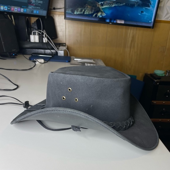 Western Aussie Style Crazy Horse Leather Cowboy Hat Charcoal - Picture 5 of 7